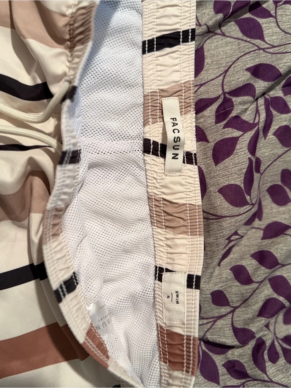 PacSun Men Striped Drawstring Shorts - White with Tan & Black Stripes